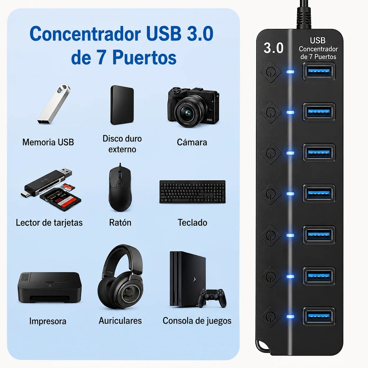 Adaptador USB 3.0 de 7 Puertos con Interruptores Individuales y Luces LED