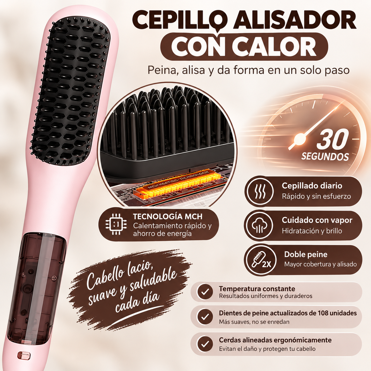 Cepillo Alisador a Vapor 3 en 1 Antiencrespamiento