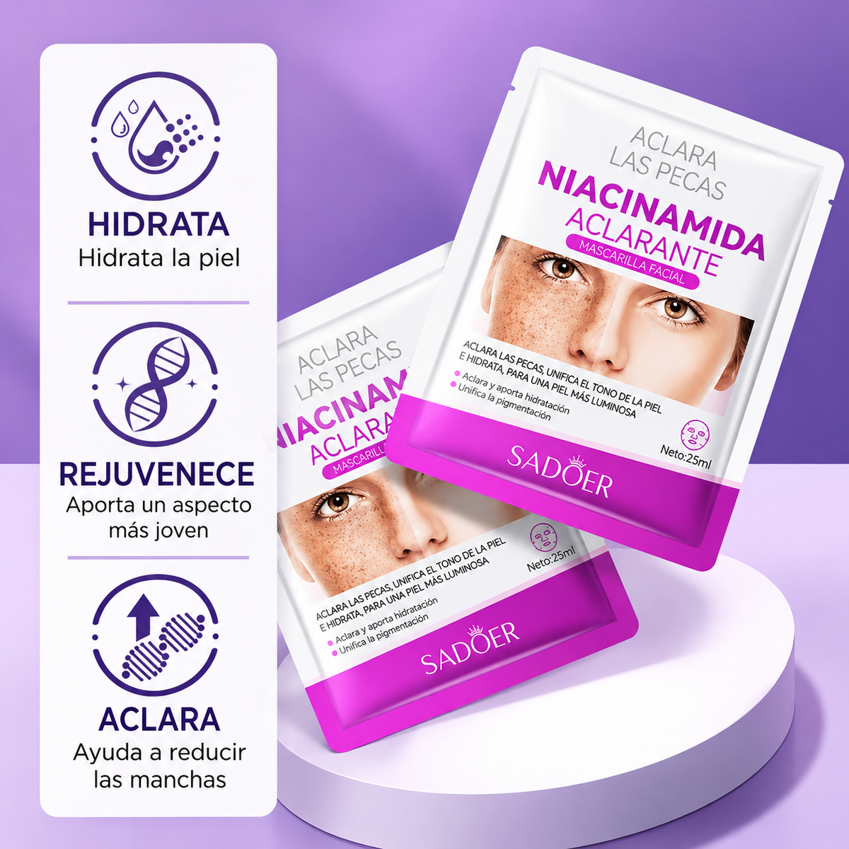 Mascarilla Facial Antimanchas SADOER con Niacinamida – Pack de 10 Unidades