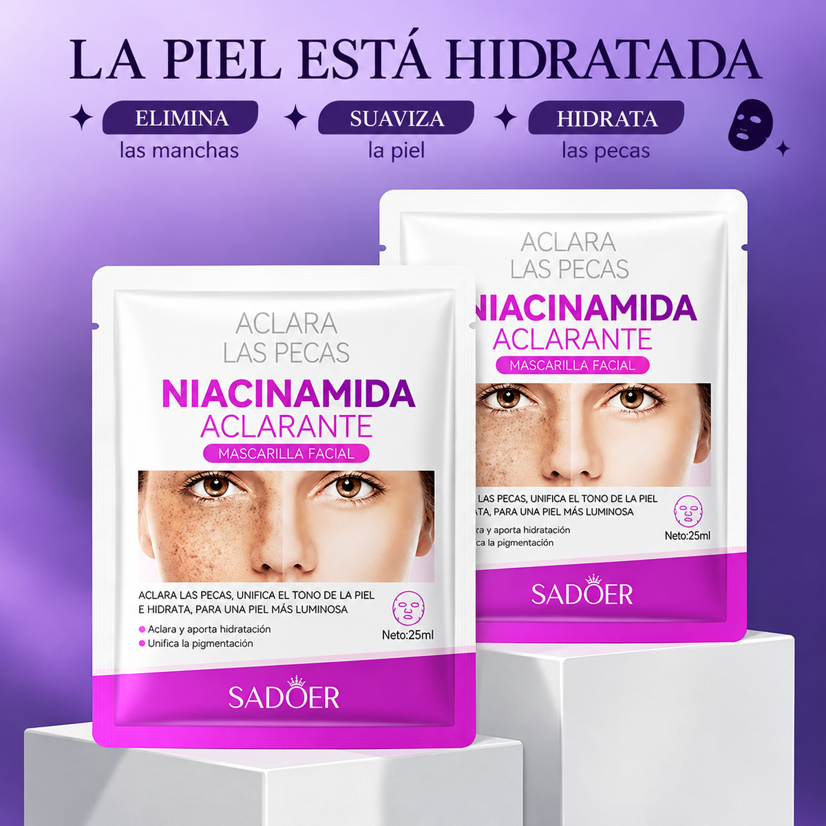 Mascarilla Facial Antimanchas SADOER con Niacinamida – Pack de 10 Unidades