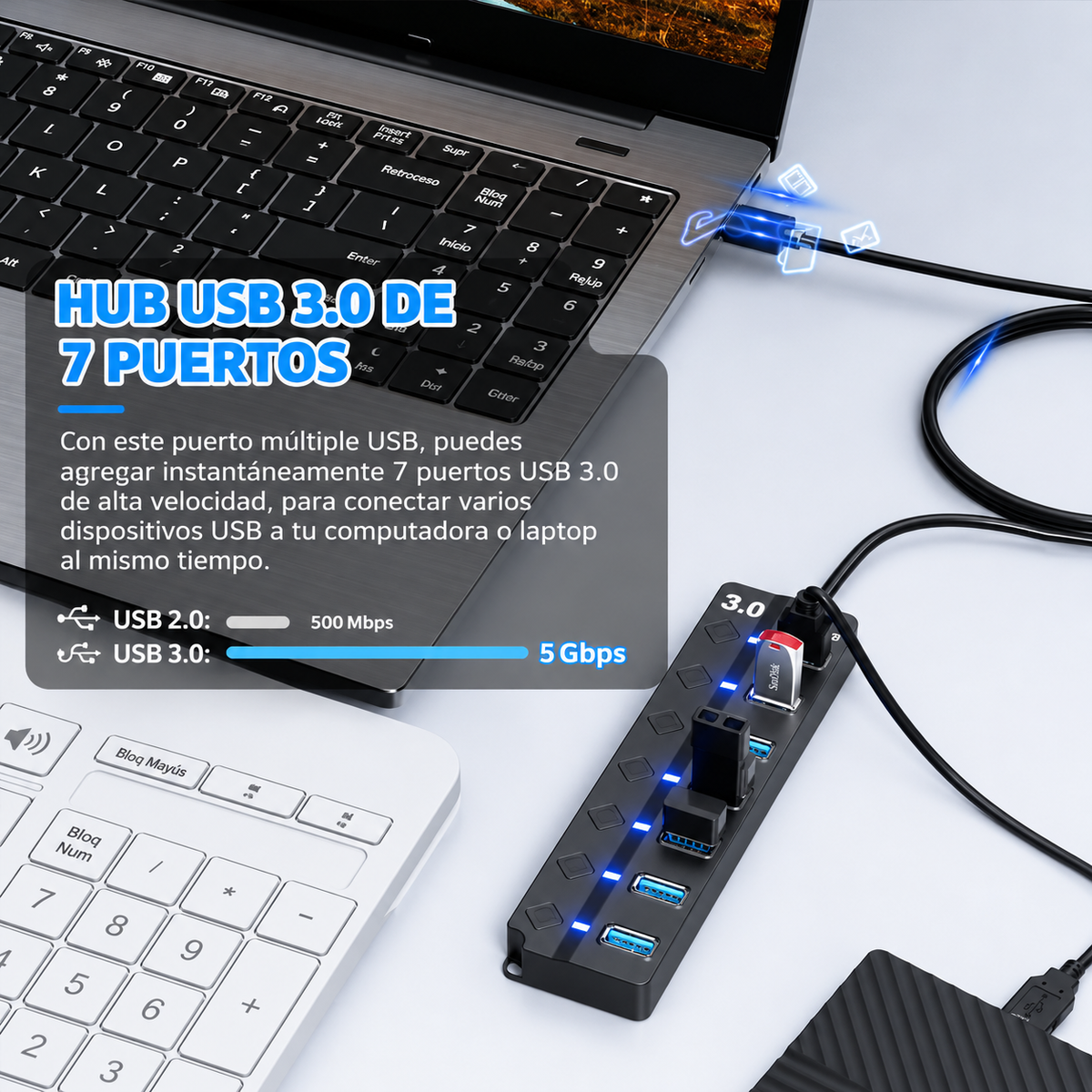Adaptador USB 3.0 de 7 Puertos con Interruptores Individuales y Luces LED