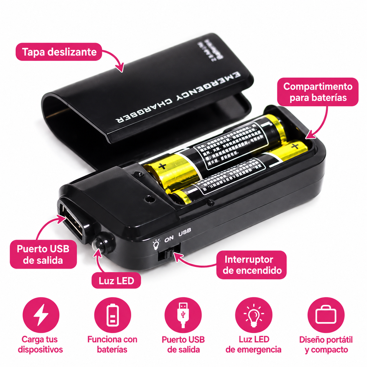 Cargador USB de Emergencia Portátil con 2 Pilas AA