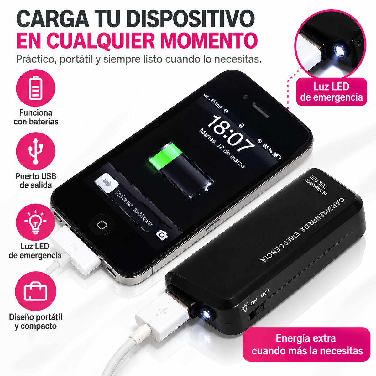 Cargador USB de Emergencia Portátil con 2 Pilas AA