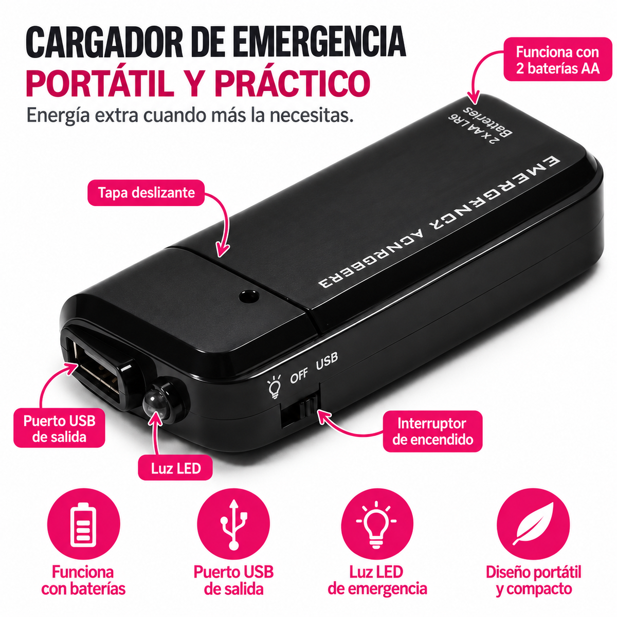 Cargador USB de Emergencia Portátil con 2 Pilas AA