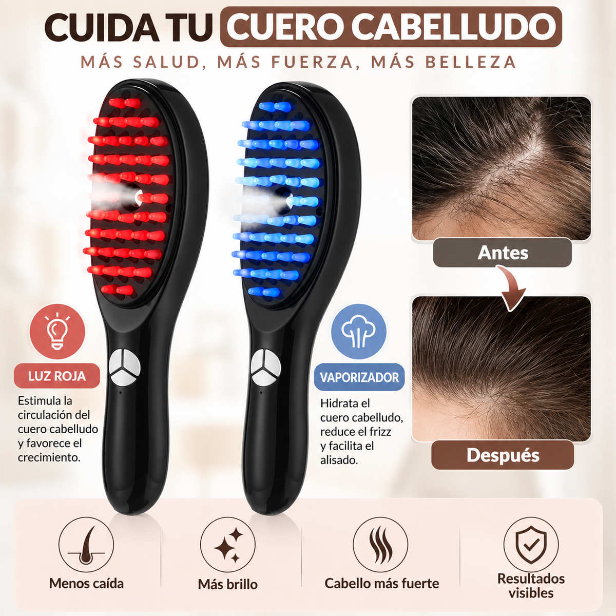 Cepillo Capilar para Cuero Cabelludo con Luz y Vaporizador