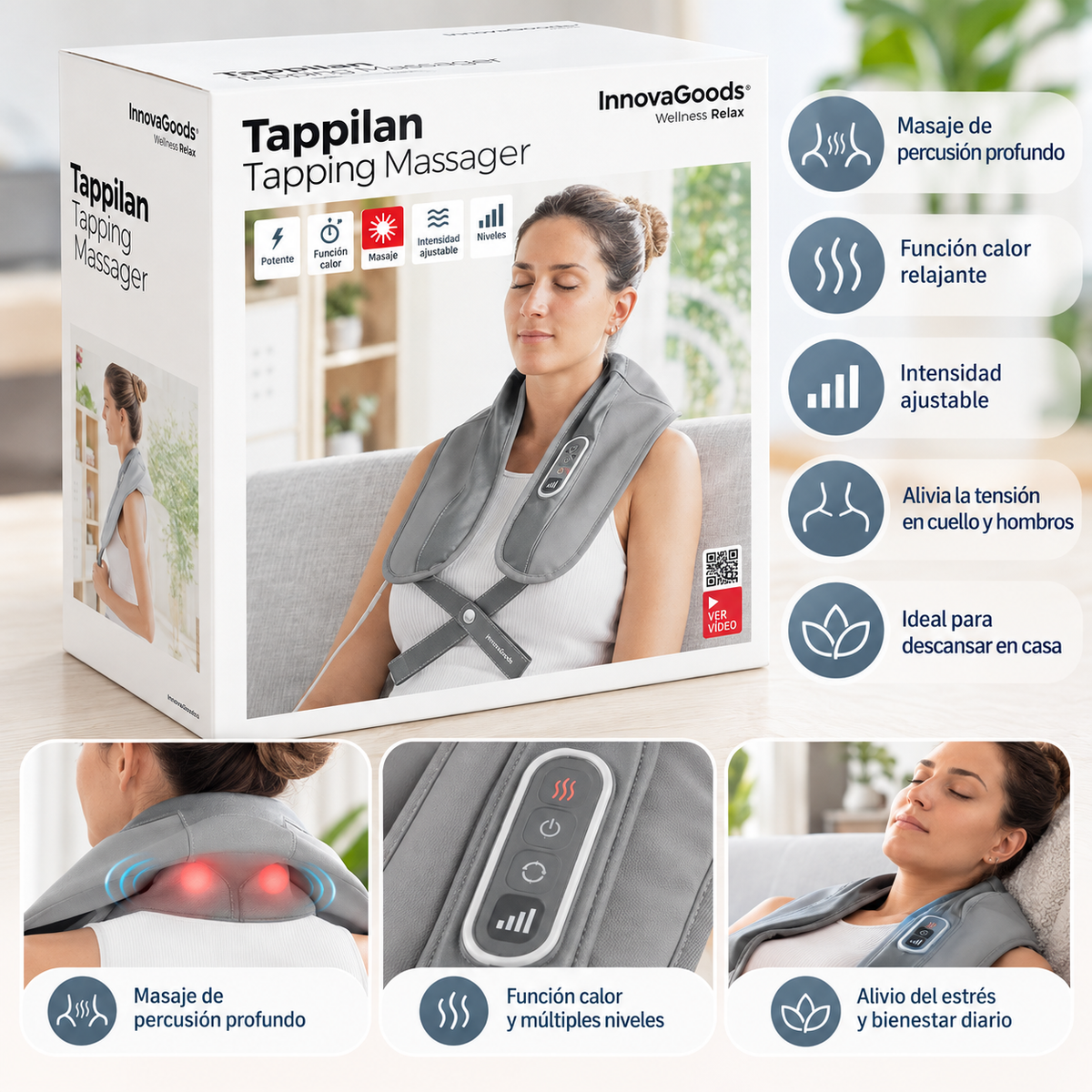 Masajeador Eléctrico Tappillan para Cuello y Hombros con Calor y Percusión
