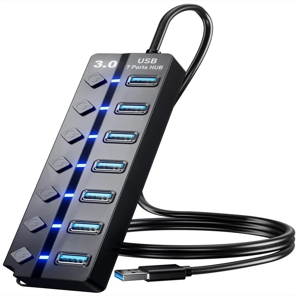 Adaptador USB 3.0 de 7 Puertos con Interruptores Individuales y Luces LED