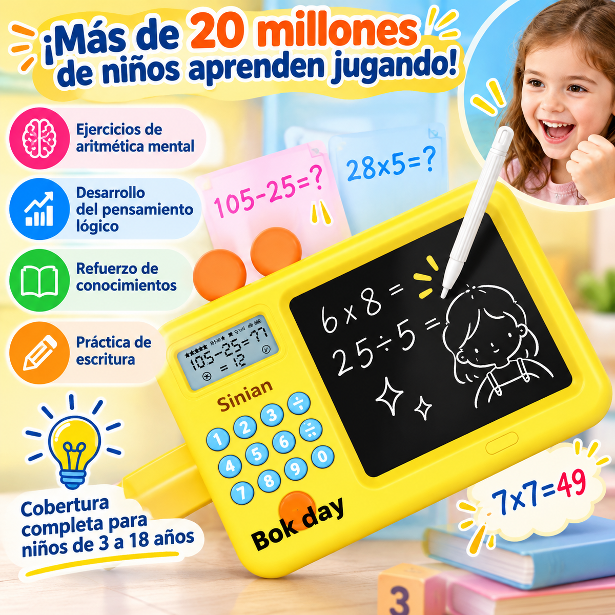 Calculadora Educativa Infantil con Pizarra Borrable para Aprender Matemáticas