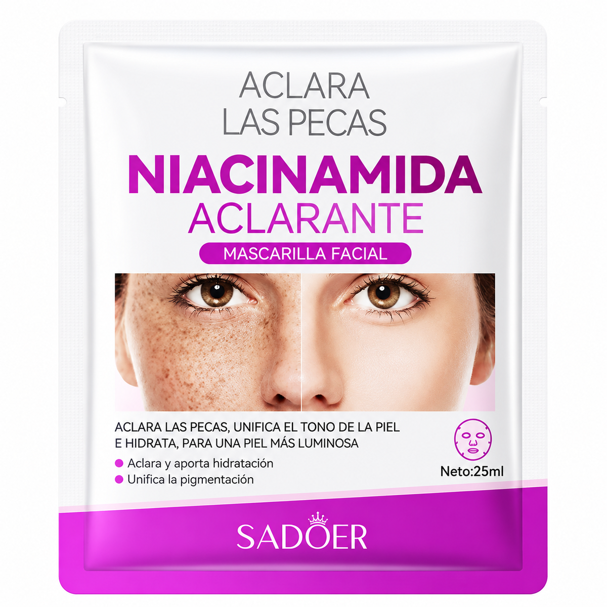 Mascarilla Facial Antimanchas SADOER con Niacinamida – Pack de 10 Unidades