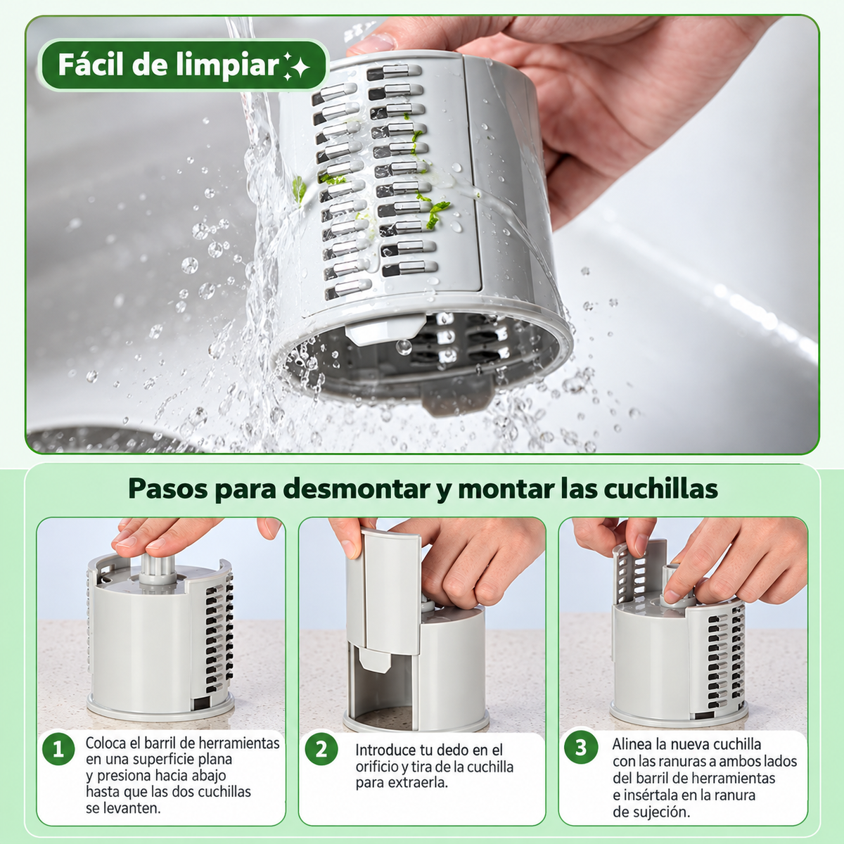 Rallador de Verduras Giratorio Multifuncional con 3 Cuchillas Intercambiables