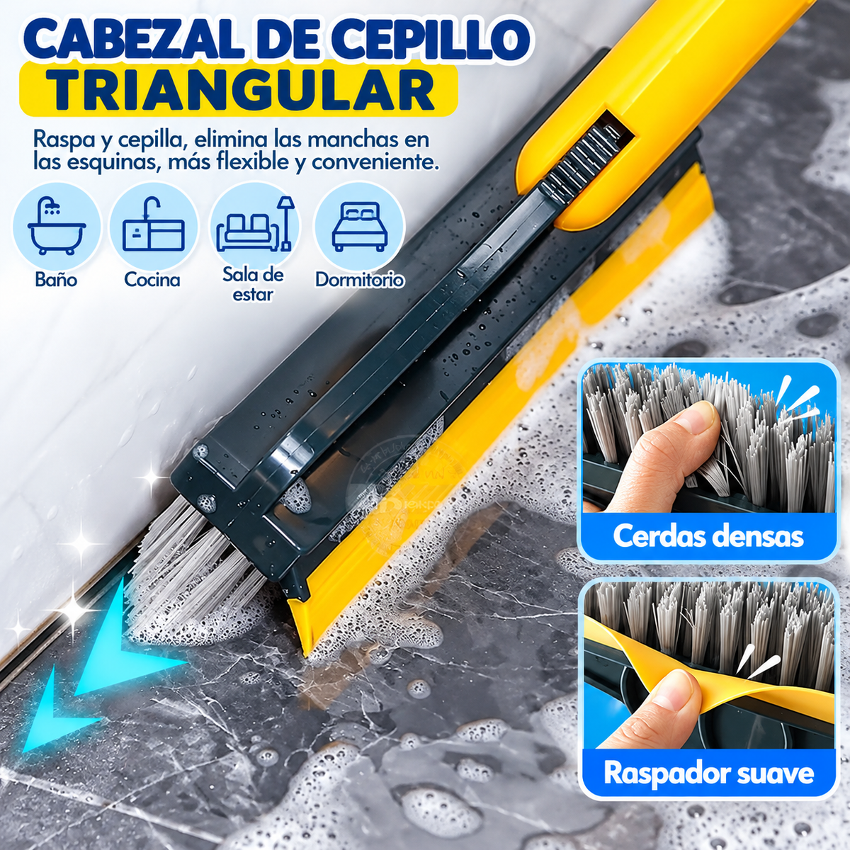 Cepillo de Limpieza 3 en 1 con Cerdas en V, Escurridor y Mango Extensible